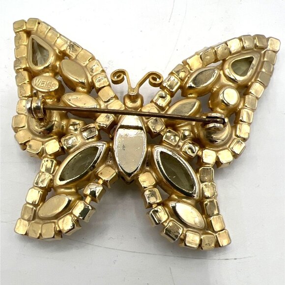 Weiss Signed Butterfly Brooch Aurora Borealis Citrine and Gold Colored Rhineston - Picture 6 of 11